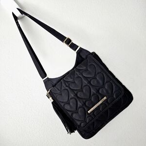 Betsey Johnson Black Quilted Hearts Messenger Bag, Crossbody Or Shoulder